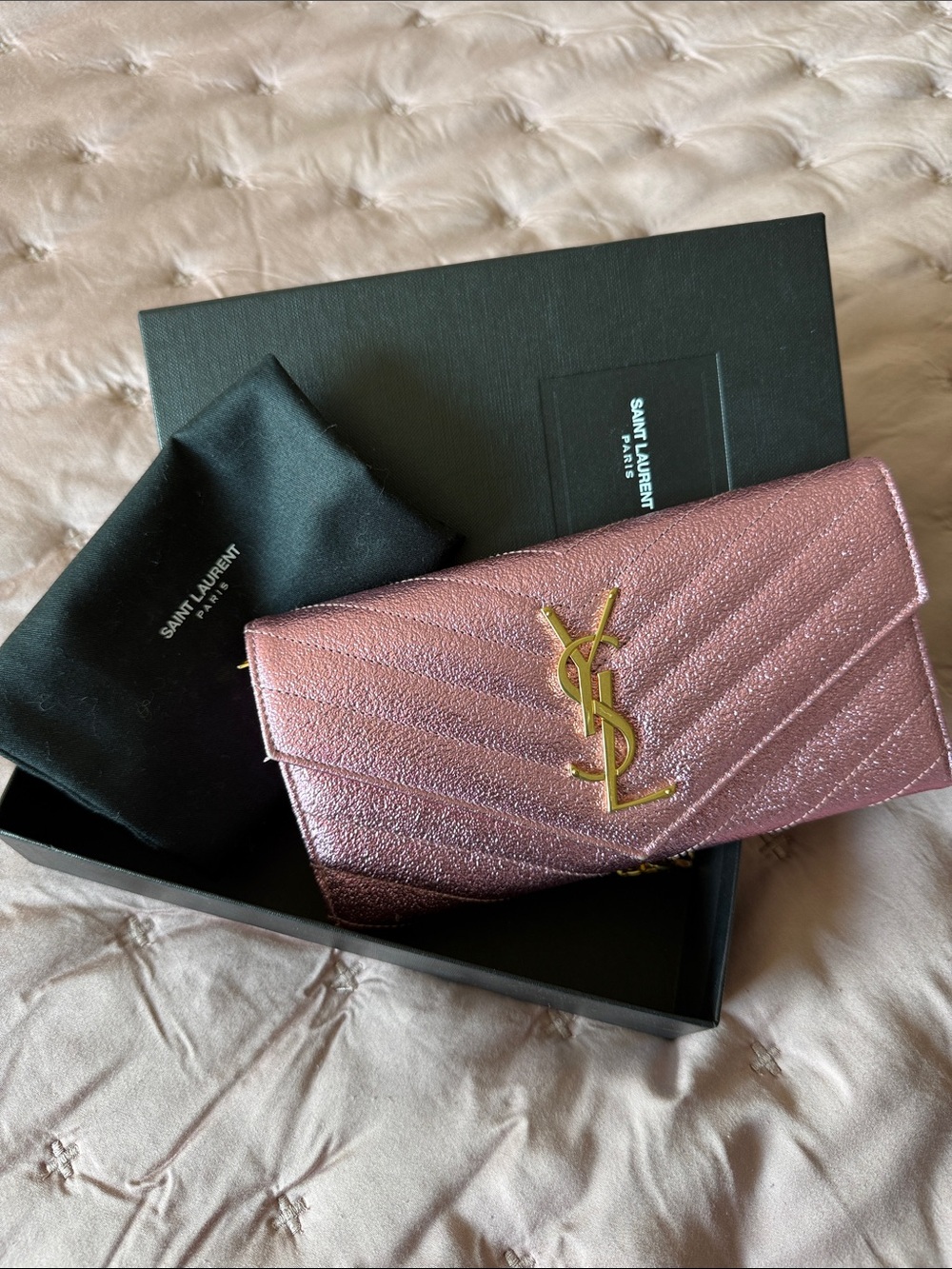 Authentic Shiny Matalic Pink YSL Yves Saint Laurent Wallet Genuine Leather